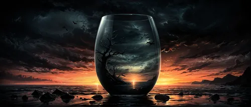 the glass has been placed on a rocky beach at sunset,black water,wineglass,water glass,goblet,an empty glass,message in a bottle,isolated bottle,empty glass,borknagar,arkenstone,bottle surface,a glass