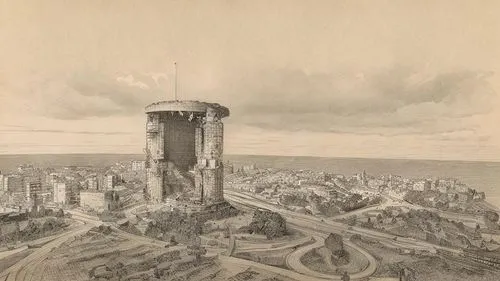 DESENHA NA INTEGRA AS LINHAS SEM ALTERAR A FOTO,a drawing of a building overlooking a city,bird's-eye view,year of construction 1937 to 1952,metropolis,sky city tower view,bird's eye view,manila,the s