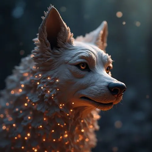 hyperrealistic  a close - up image of an animal statue beautiful, kind, charming, sociable, atmospheric photos, exotic,  8k, Hyper detailed
,a small white dog wearing some light beads,constellation wo
