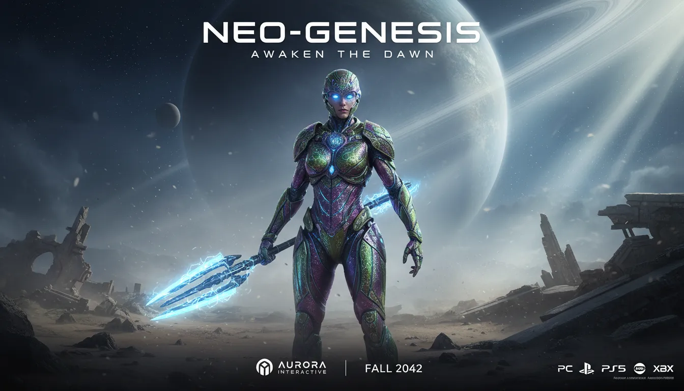 Poster promozionale generato dall'IA di un personaggio fantascientifico con texture iperrealistiche e illuminazione volumetrica, che ricorda una scena cinematografica di Unreal Engine 5.