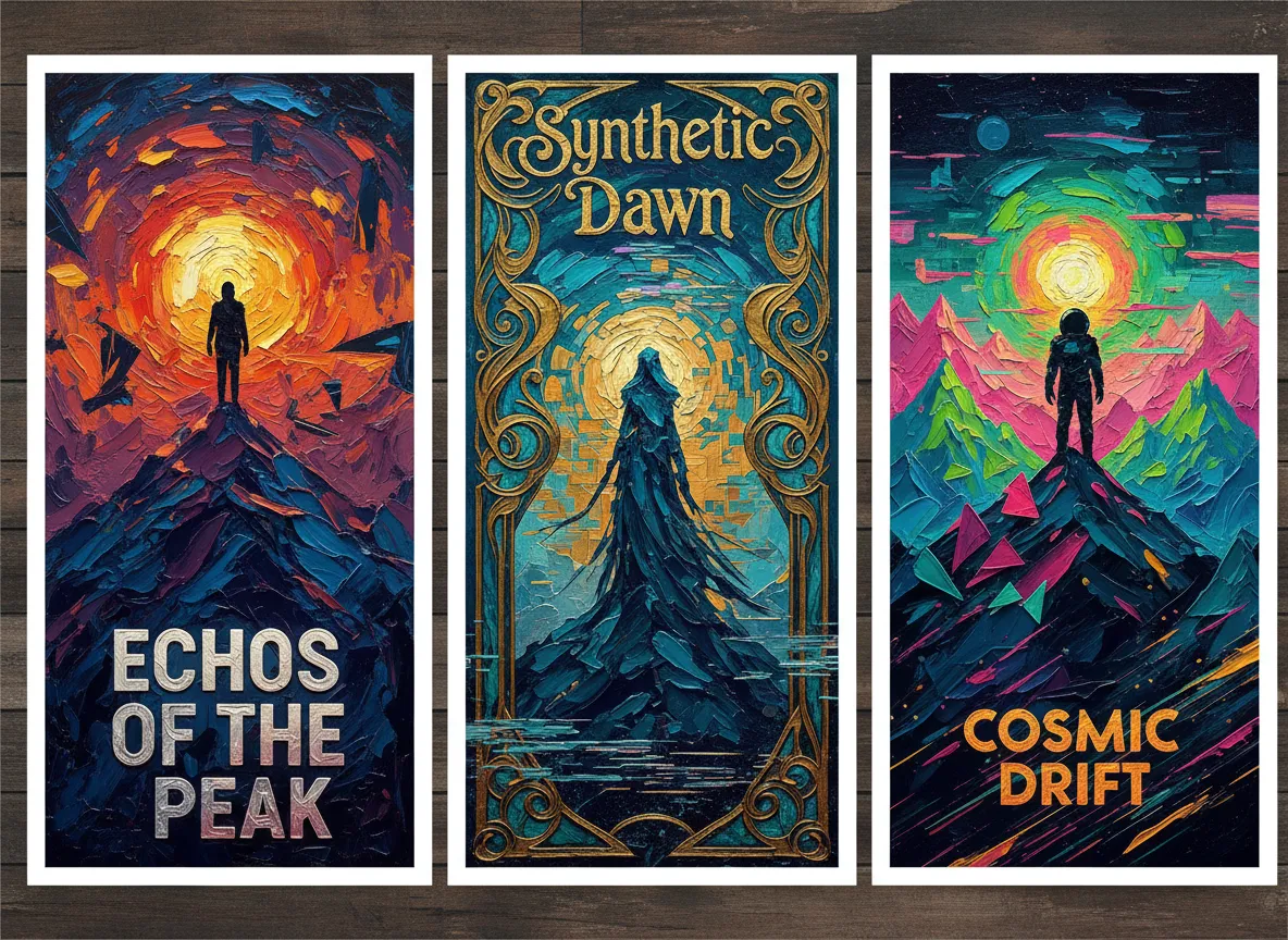 Un trittico di poster che mostrano lo stesso soggetto reso in tre diversi stili ibridi, tutti incorporanti texture a spatola.