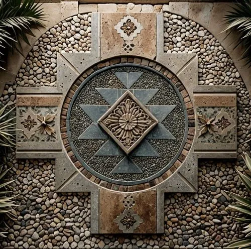 a circular mosaic on a wall with many different flowers,mandala,patterned wood decoration,medallion,mosaics,ceramic tile,wall decoration,sun dial,terracotta tiles,circular ornament,ornamental stones,o