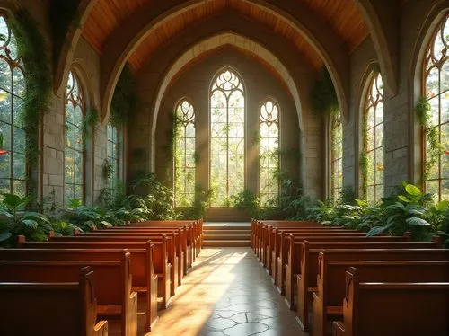 Church interior design, nature-inspired, botanical patterns, wooden pews, leaf-shaped windows, flower-patterned stained glass ceiling, stone walls with moss growth, natural light pouring in, warm eart
