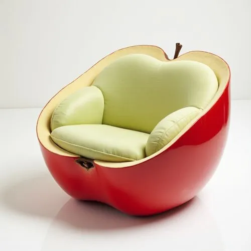 "A cozy lounge chair shaped like a sliced apple, with a curved seat and backrest that mimic the natural contours of the fruit. The glossy, red exterior contrasts with a soft, light-green interior cush