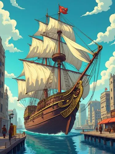 a high resolution cartoon style illustration of A massive pirate ship with towering brass sails and chrome plating glides into a harbor lined with geometric art deco buildings. The ship’s deck is ador