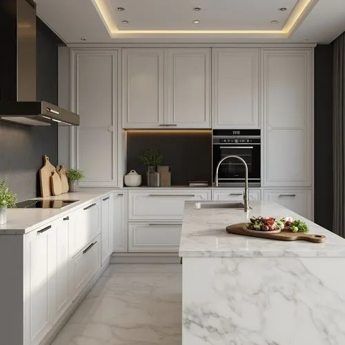 Modern kitchen with sleek white cabinetry and marble countertops. The space features a black accent wall with built-in appliances, including an oven and a stovetop with a hood. A minimalist sink and f