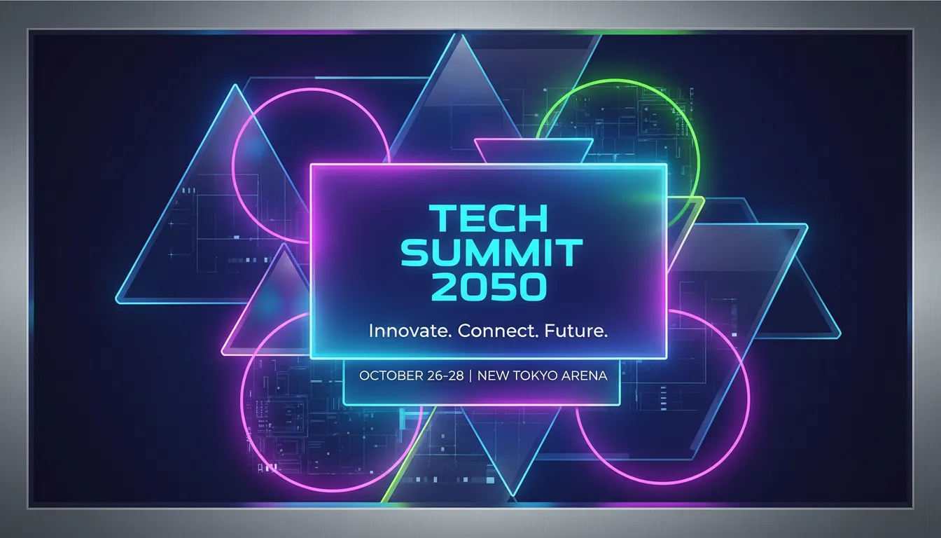 Un poster elegante e futuristico per una conferenza tecnologica, con elementi di Glassmorphism stratificati e un bagliore al neon.