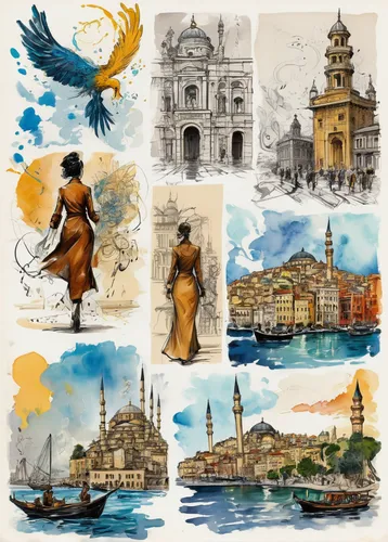 sketchbook style, layout of studies mixture of hand drawings and water color skethes in variety of different scales, A fantastical cityscape (istanbul) where mythical creatures coexist with futuristic