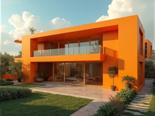 Tangerine colored building, modern minimalist architecture, sleek lines, geometric shapes, vibrant orange-tangerine hue walls, large glass windows, sliding doors, open layout interior, natural light p