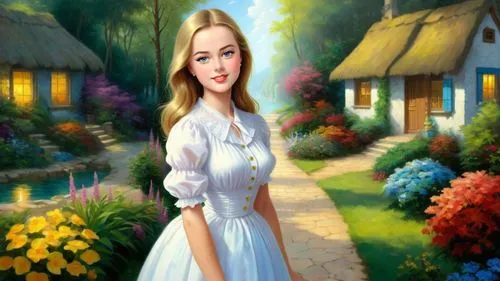 Romantic masterpiece oil painting, cute girl portrait, nostalgic 1950's style kitsch, vibrant seaside cottage landscape, lush tropical paradise, summer beach scenery, by Thomas Kinkade, by Bob Ross,gi