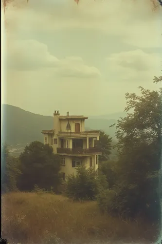 the old building is on a hill with tall trees,lubitel 2,landour,dzogchen,nuwakot,ektachrome,autochrome,chandragiri,dzongkhag,dhulikhel,lhakhang,gompa,geshe,dzongkha,sivananda,pinhole,madikeri,sanatori