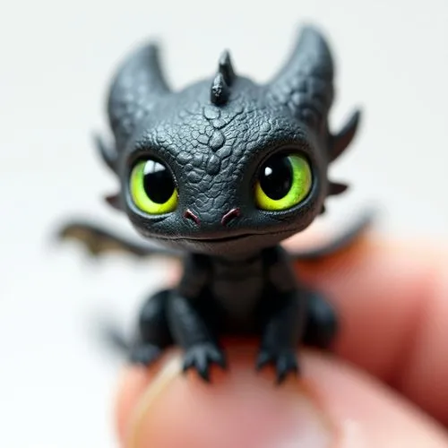 A Macro photography of a pocket-sized, very small, cute fantasy dragon Toothless, he has vivid green sclera and rounded black iris, tiny wings, he is holding the tip of a finger. There is a white back