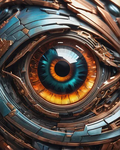 yugioh card art for close up side angle image of the robotic eye of (26 year old cyborg with copper plating, Lori Jo Hendrix:1.2). Feathered fractal Neon exploding out of ice in a spiral galaxy.  (wat