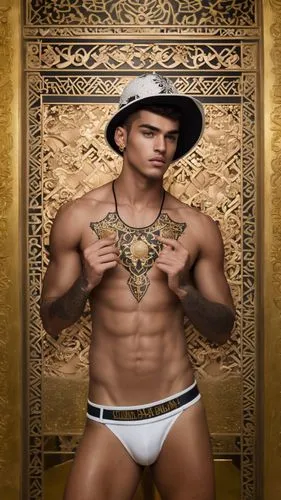 Diese Schnappschussaufnahme eines Kolumbien 18 yo Latino muskulösen gogo boy junior dancer. Der Mann mit den dunklen Tattoos und der schönen Gesicht steht in einem glänzenden Gold türkischen Kalligraf