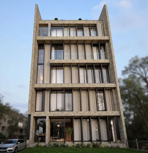 “6-story residential building on pilotis, north-facing. Designed in the style of Alireza Taghaboni. Bold geometric volumes with deep interlocking forms, clean lines, and dynamic shadow play. Limited g