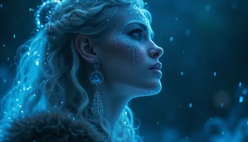 In the stillness of the night, a colossal, busty, majestic princess made entirely of shimmering blue gemstones seems to radiate a living energy. Flowing with a mystical glow. Her eyes glow with deep w