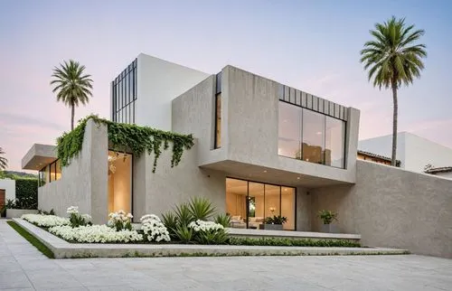 A photo-realistic rendering of a modern, minimalist house with a contemporary design. the house is a two-story building with a combination of concrete and stucco, featuring large windows and sliding d