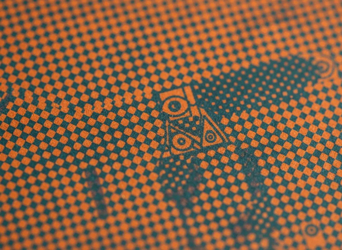 एक पोस्टर का क्लोज-अप मैक्रो व्यू जो Risograph प्रिंट की विशेषता वाले विस्तृत दानेदार टेक्सचर और हाफ़टोन डॉट पैटर्न को दिखाता है।