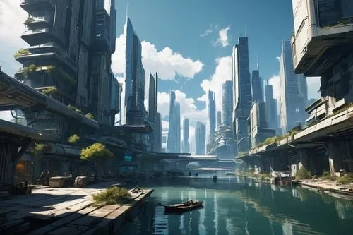  Game Scene, Wild angle view  Game Scene, Wild angle view a beautiful utopia  futuristic city, on the lake shore, modern  buildings,the artwork is of futuristic city buildings and a boat,futuristic la