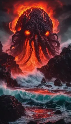 smalll cove with large waves breaking over large rocks,an illustration of an alien creature, glowing in the eyes of the ocean,god of the sea,eruption,sea god,nature's wrath,volcanic eruption,volcanic,