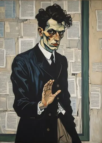 Drawing inspiration from the works of Edvard Munch and Egon Schiele, Imagine a poster where a cracked, grey wall dominates the space, representing both the physical confines of Bartleby's office and t