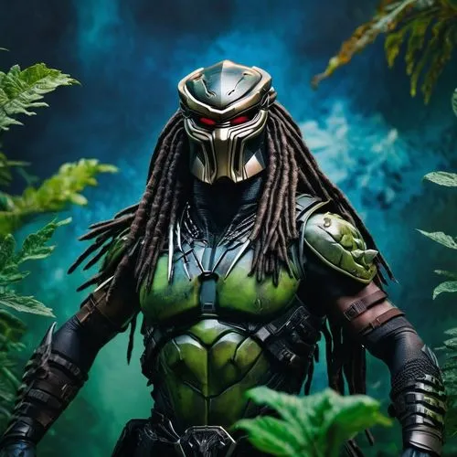 the predator is posed in his armor and green helmet,gorilla soldier,arbiter,alien warrior,warpath,onslaught,green skin,thrall,spartan,background ivy,forest man,swampland,verdant,venomous,juggernaut,ne
