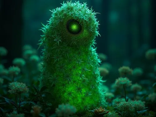 monster,dark flowers,green,an artistic pograph shows the eyes of a fuzzy creature in a grassy forest,hydrozoa,porifera,dorid,eukaryote,mongella,phyllocnistis