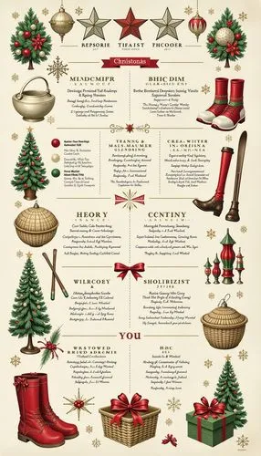 an array of classic and vintage-inspired Christmas decorations and accents, holiday nostalgia, rustic elegance, winter wonderland, antique sheet music, brass candlesticks, ceramic holiday figures, gla