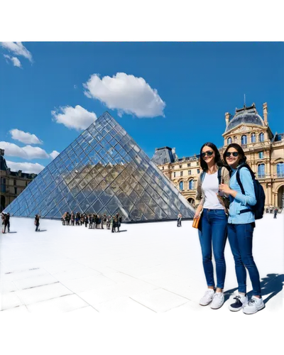 The Louvre museum, Paris, France, exterior, daytime, sunny, blue sky, white clouds, Renaissance architecture, glass pyramid, ornate details, tourists taking photos, selfie stick, smiling faces, casual