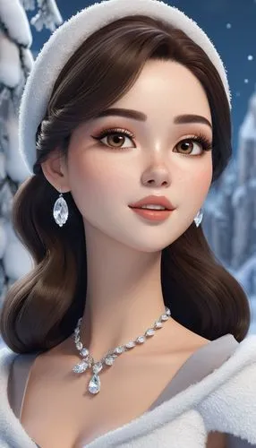 A woman with an even, fair complexion and bright features. She has large almond-shaped brown eyes with long lashes. Thick eyebrows, naturally arched, frame her face, and she has a straight, thin nose.