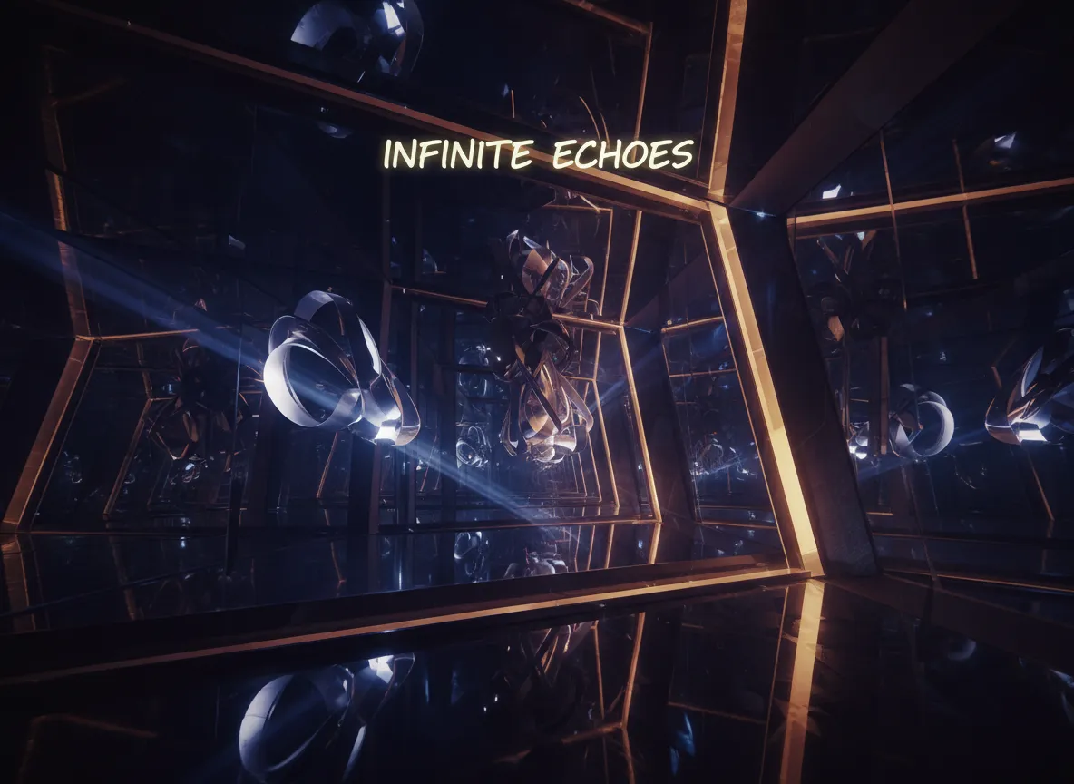 Un poster astratto ad alta risoluzione che mostra illuminazione volumetrica e ombre profonde all'interno di una riflessione infinita.