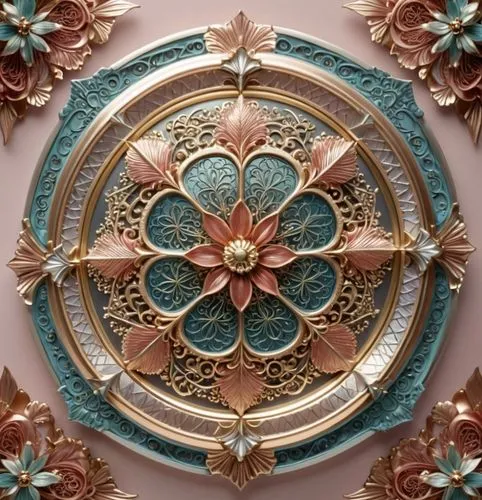 a gold plate with a flower and many metal decorations,floral ornament,circular ornament,ornament,motifs,majolica,ornate,wall decoration,decorative plate,wall panel,ornamentation,art deco ornament,patt