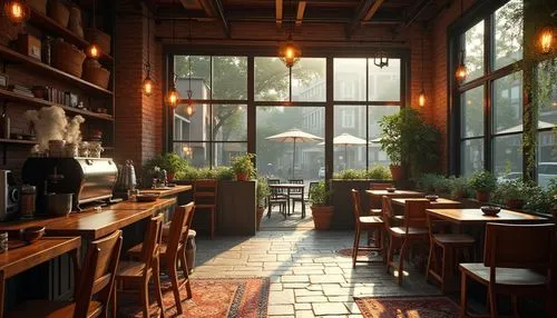 Cozy coffee shop, regionalism style, warm atmosphere, wooden decor, vintage furniture, earthy tones, brick walls, industrial lighting, metal beams, rustic tables, woven baskets, potted plants, natural