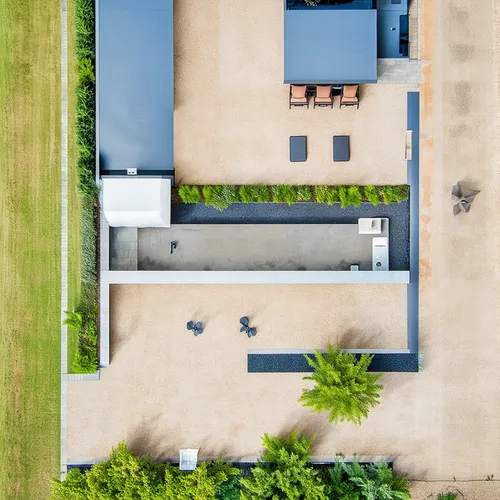 Vivienda de dos dormitorios con baño en suite, living, cocina comedor,an aerial view shows the courtyard, swimming pool, and landscaping,drone shot,drone image,view from above,from above,aerial photog