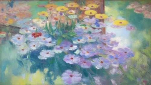 impressionist style,a painting shows blue, white, yellow and orange flowers,meadow in pastel,flower painting,spring flowers,impressionist,summer flowers,daisies,flower meadow,floral composition,wildfl