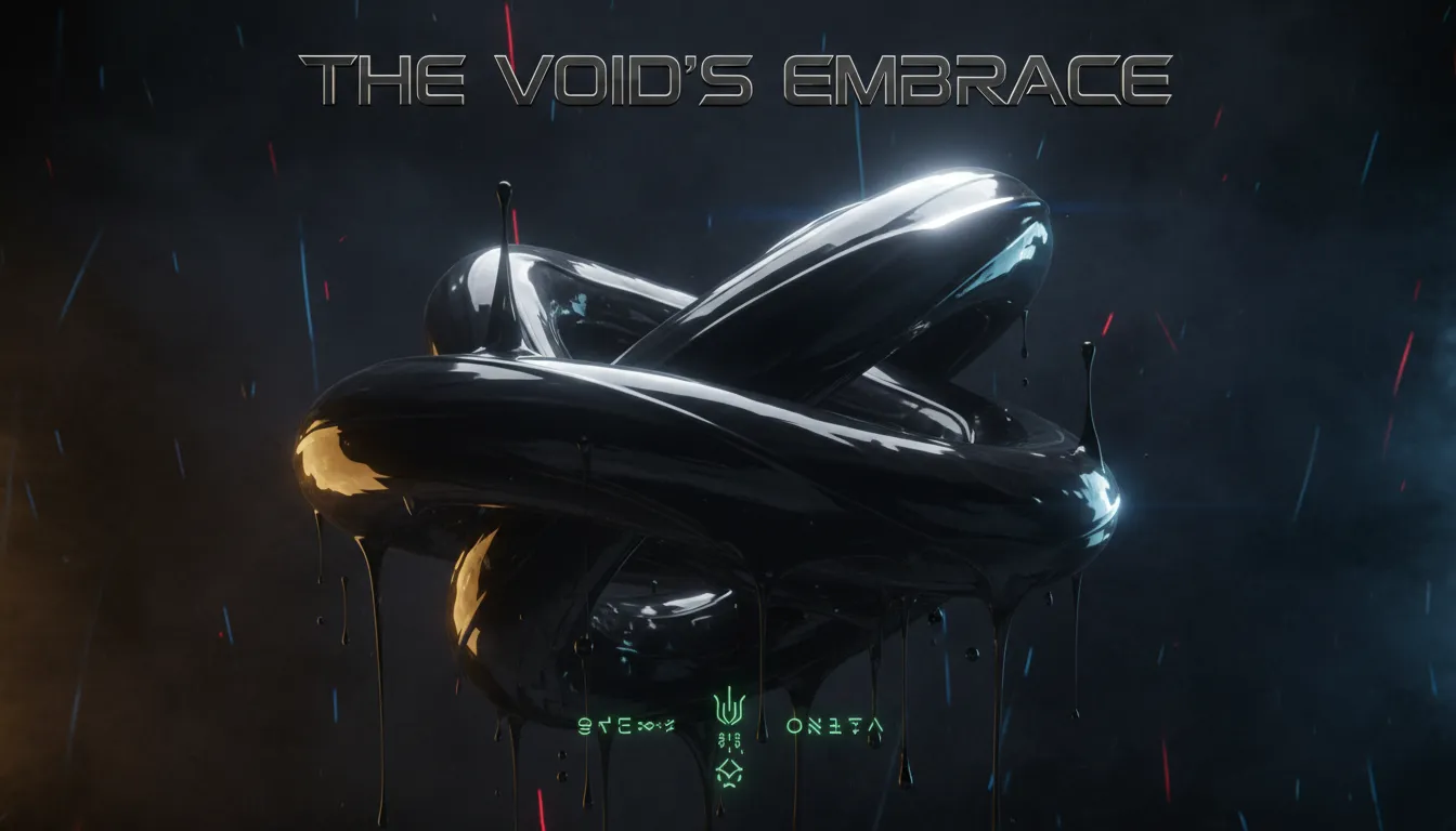 Un design di poster dinamico con un oggetto centrale ricoperto di un materiale lucido in lattice liquido nero, con un'illuminazione drammatica che crea riflessi speculari.