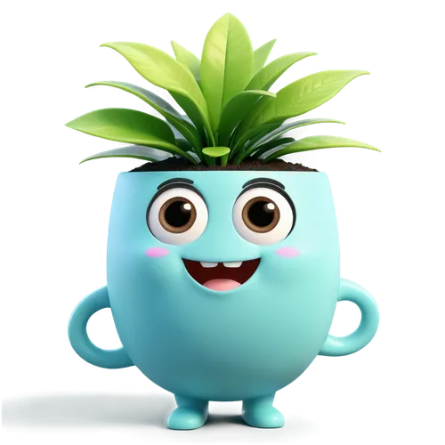 eine süsse lachende cartoon Tasse mit großen augen und pflanzen,cute cartoon character,king coconut,plant pot,flowerpot,tea cup fella,nannyberry,pineapple plant,flower pot,pot plant,potted plant,chia,