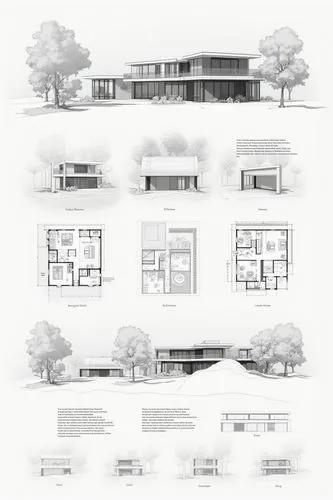 full of overview stadium , an architectural presentation board of an artist's residence design with floor plans, views, perspectives 3D renders and texts in a neatly composed sheet with white space an