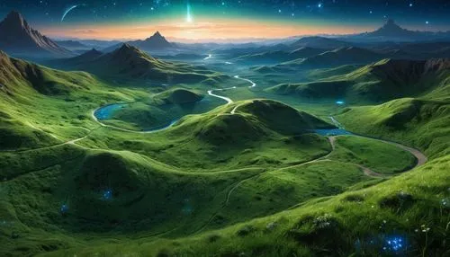 En la constelación de Orión, sobre la hierba azul, sinuosa y brillante de un planeta desconocido, pastan animales peludos desconocidos; en el horizonte se ven colinas verdes cubiertas de hierba azul.,