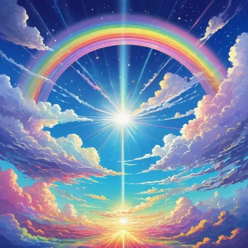 雲と虹のあるrainbow colored skyの絵, So colorful and heavenly, mysterious rainbow halo, bright rainbow halo, rainbow cloudss, colors of heaven, Introducing Space Cloudscape, clear rainbow galaxy stormy sea, r