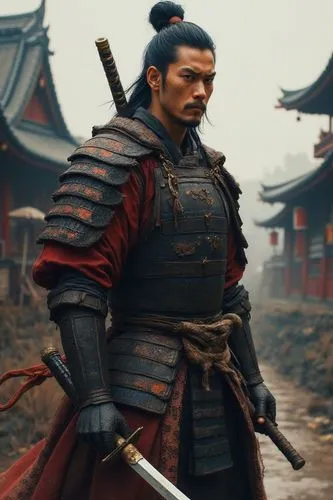 Traditional samurai armor. Samurai traditional warrior. In a japanese castle. Edo dinasty. Photo. Hyper-realistic image. Perfect. Japan paysage. Akira Kurosawa movie scene. Shogun.,a person in traditi