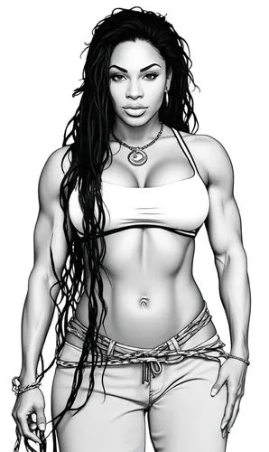 Big muscles, black hair, (toned physique, (bigger boobs, shredded), tight business clothes),a drawing of a woman in high rise jeans,muscle woman,strongwoman,destra,hard woman,strong woman,shawnna