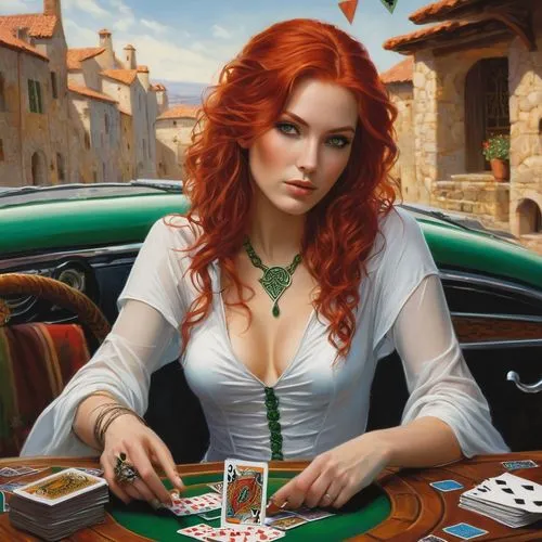28 year old beautiful woman with red hair and green eyes.  She is a sorceress in a skin tight, low cut white body suit and uses playing cards with Celtic symbols on the car  for her magic.,a girl with