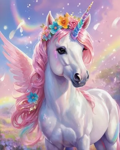 MLP pony, unicorn, magical, sparkling horn, long flowing mane, pastel pink hair, glittering eyelashes, shiny hooves, delicate wings, rainbow-colored tail, flower crown, sitting, sparkles around, dream