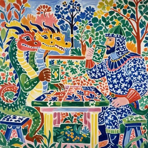Трехглавый дракон и рыцарь в саду в стиле Матисса,two men sitting at a table in front of flowers and trees,garden bench,tapestry,girl in the garden,forest animals,woodland animals,agricultural scene