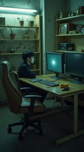 A dimly lit, run-down gaming setup in a neglected Taiwanese room. The young Asian man sits in front of two monitors on a scratched, worn-out wooden desk, surrounded by peeling, stained concrete walls.