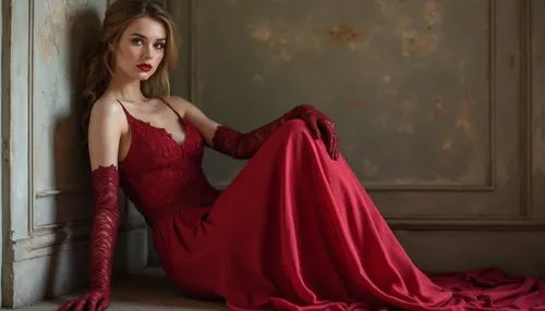 woman in red dress and lace gloves leaning against wall a woman in a very long red dress is wearing gloves and an over - the - knee stockings,the woman in a red dress poses in an elegant pose,red gown