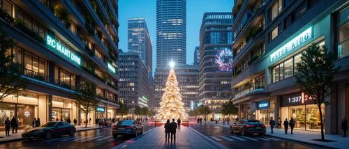 A sprawling cyberpunk Christmas cityscape in cinematic 21:9 format, showcasing cutting-edge megastructures infused with holiday spirit. Towering vertical gardens embedded in sleek skyscrapers are illu