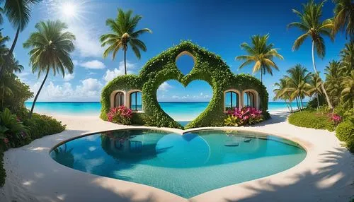 Una preciosa villa tropical con entrada y ventanas en forma de corazón, situada en una playa rodeada de flores. Cielos azules, un hermoso día de verano, palmeras y agua que brilla bajo el sol.,a large