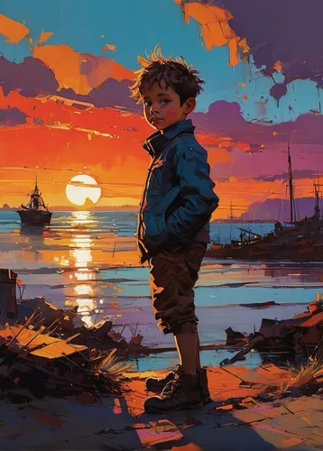A child's mischievous expression set against a vibrant sunset.,world digital painting,harbor,coast sunset,digital painting,sunset,dusk,kids illustration,summer evening,sunset glow,dusk background,ocea